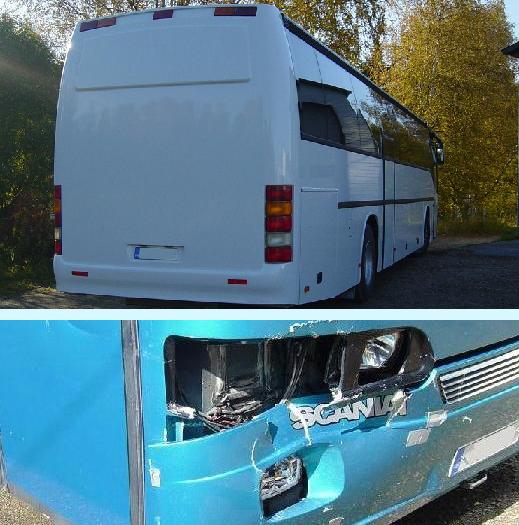 Korjattu bussin takaosa ja kolarissa vaurioitunut sininen bussin kylki
