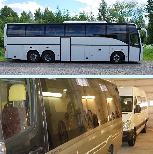 Valkoinen turistibussi, pikkubussin sisätila ja valkoinen pakettibussi
