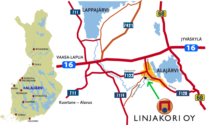 Ajo-ohjekartta: Linjakori Oy sijaitsee Alajärvellä osoitteessa Sahatie 6. Kartassa näkyvät valtatiet 16 ja 68, maantiet 711, 7114, 7120, 7122 ja 7421 sekä Lappajärvi ja Alajärvi.